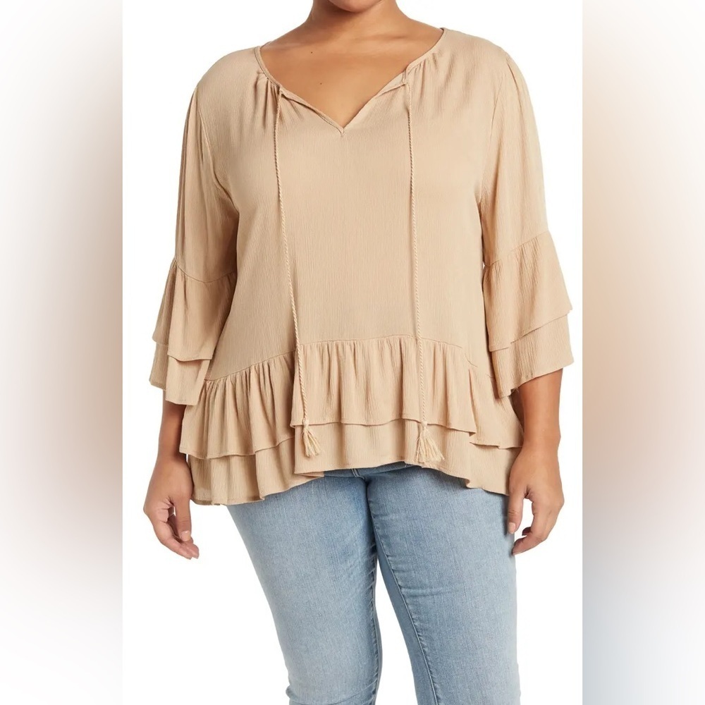 NWOT Forgotten Grace Beige Ruffle Tunic Blouse 3X | Feminine & Flowy Style